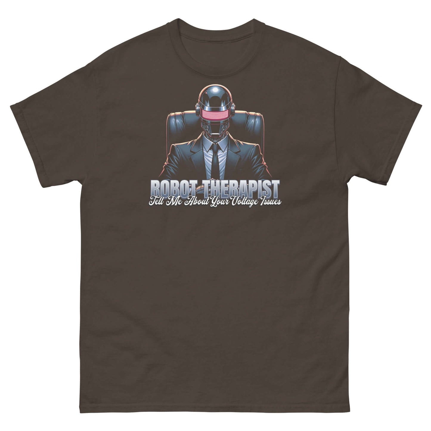 Maroon t-shirt with robot therapist design, featuring text 'Tell Me About Your Voltage Issues'. Ideal for tech and humor enthusiasts.