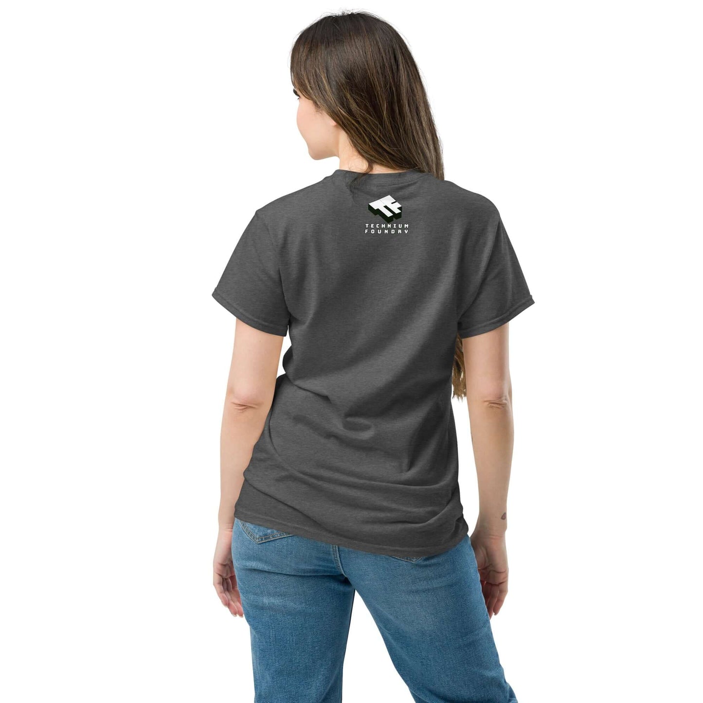 Woman wearing grey "Primordial Photons" astronaut science t-shirt, back view, showcasing space-themed graphic design.