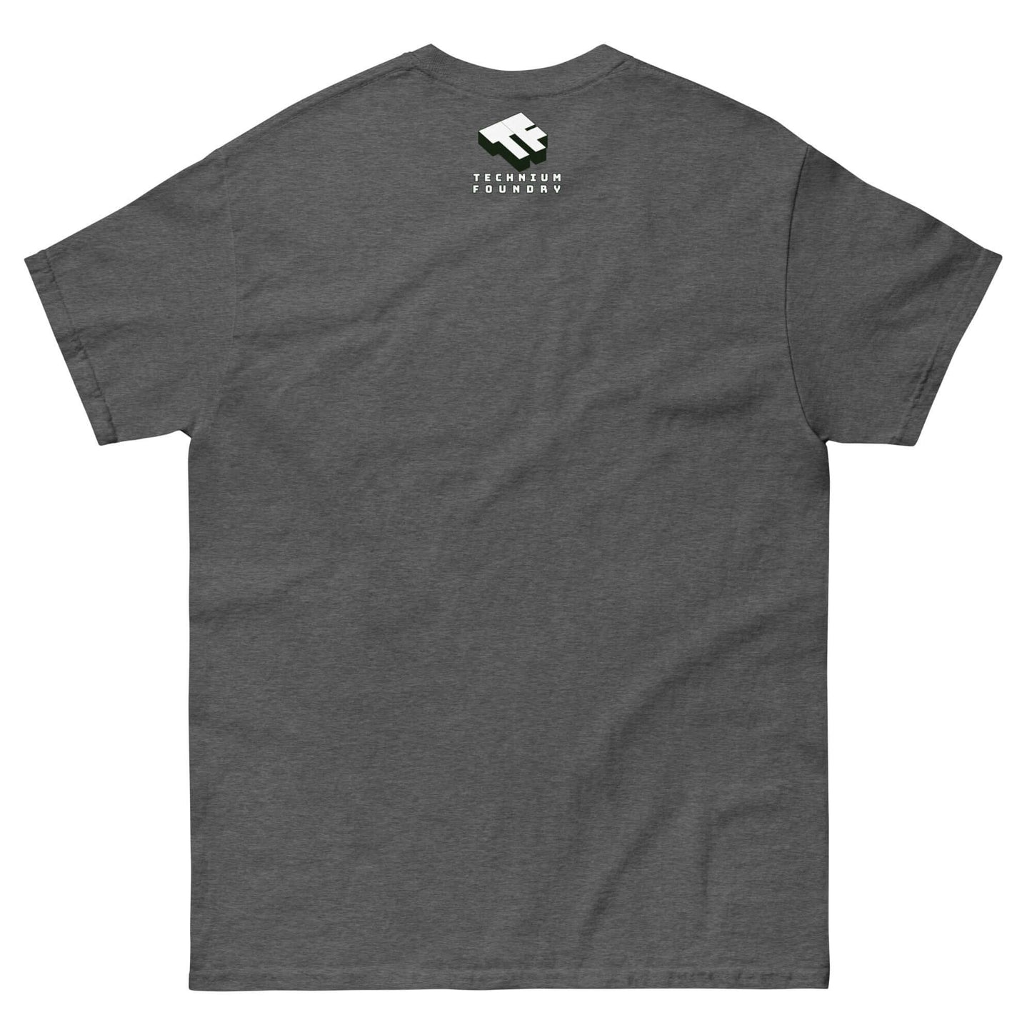 Back view of charcoal gray t-shirt with small logo near neckline.