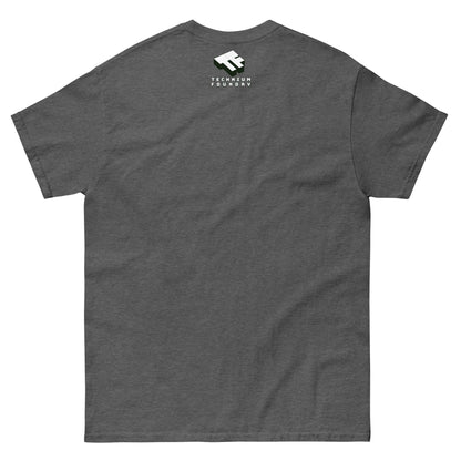 Back view of charcoal gray t-shirt with small logo near neckline.