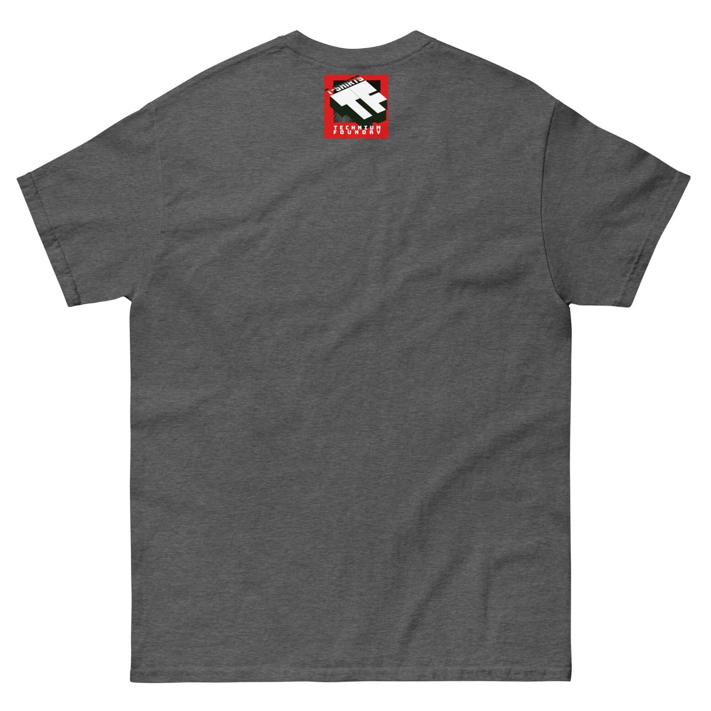 Gray T-shirt back view with a small red and black design near the collar.