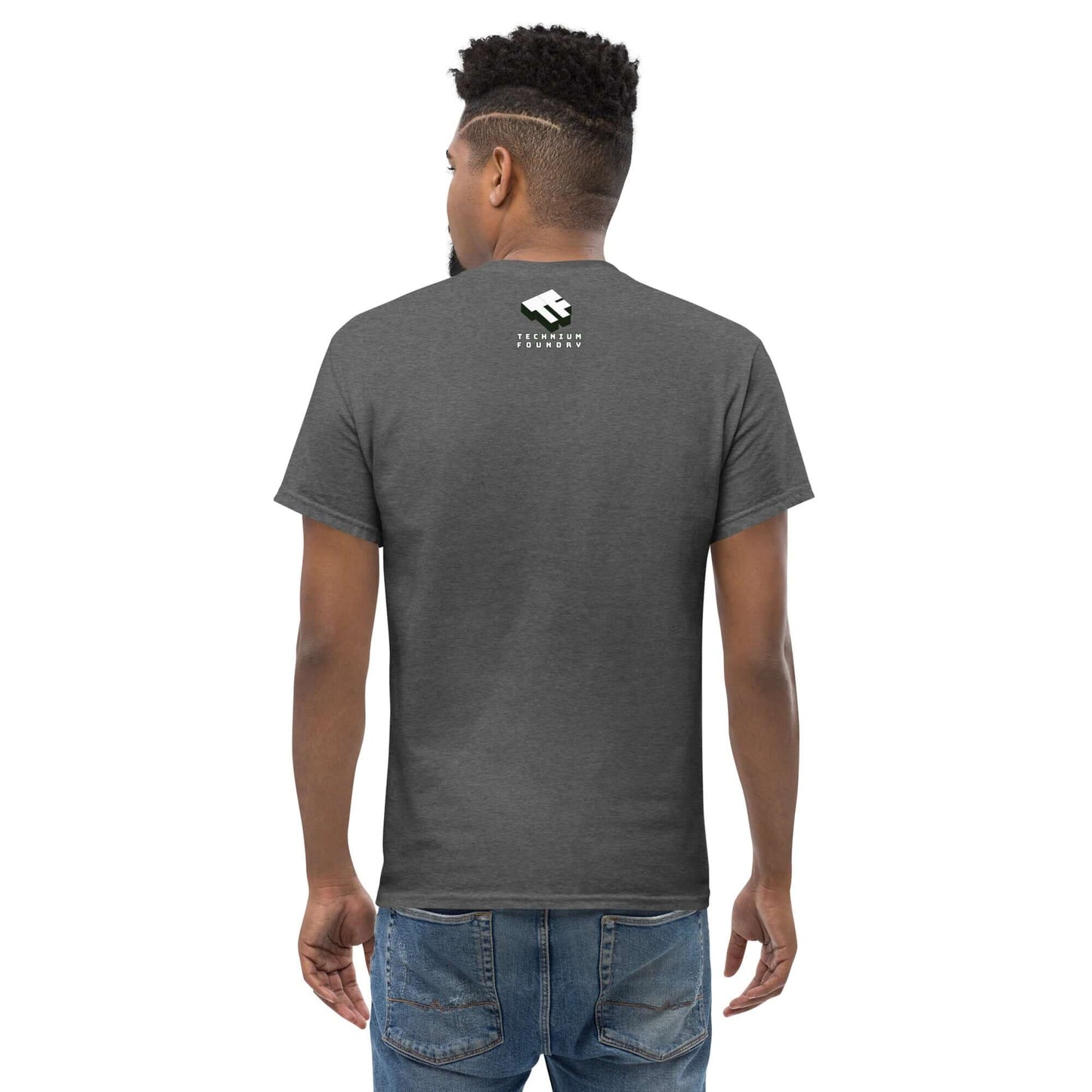 Back view of a man wearing a dark gray Physics Force Joules T-Shirt, featuring a logo near the collar.