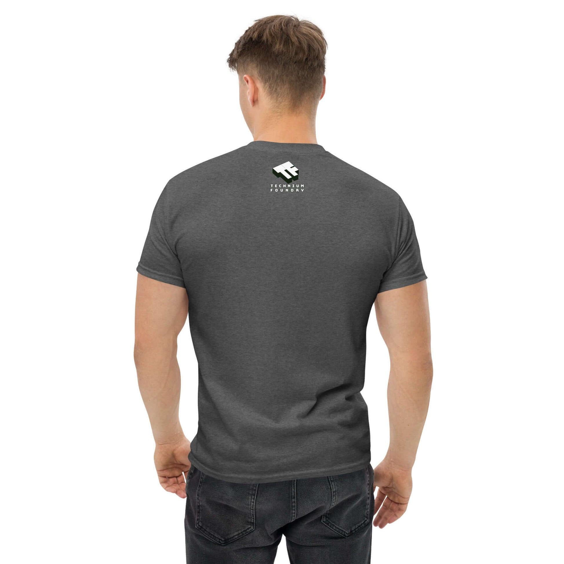 Back view of a man wearing a dark gray T-shirt featuring a small logo on the upper back.