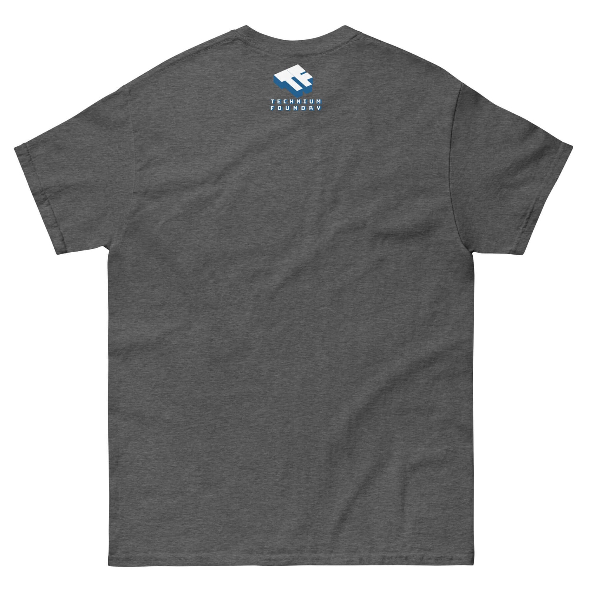 Back view of charcoal t-shirt with tech logo, showcasing minimalist style and humorous HTML break design, perfect for coders.