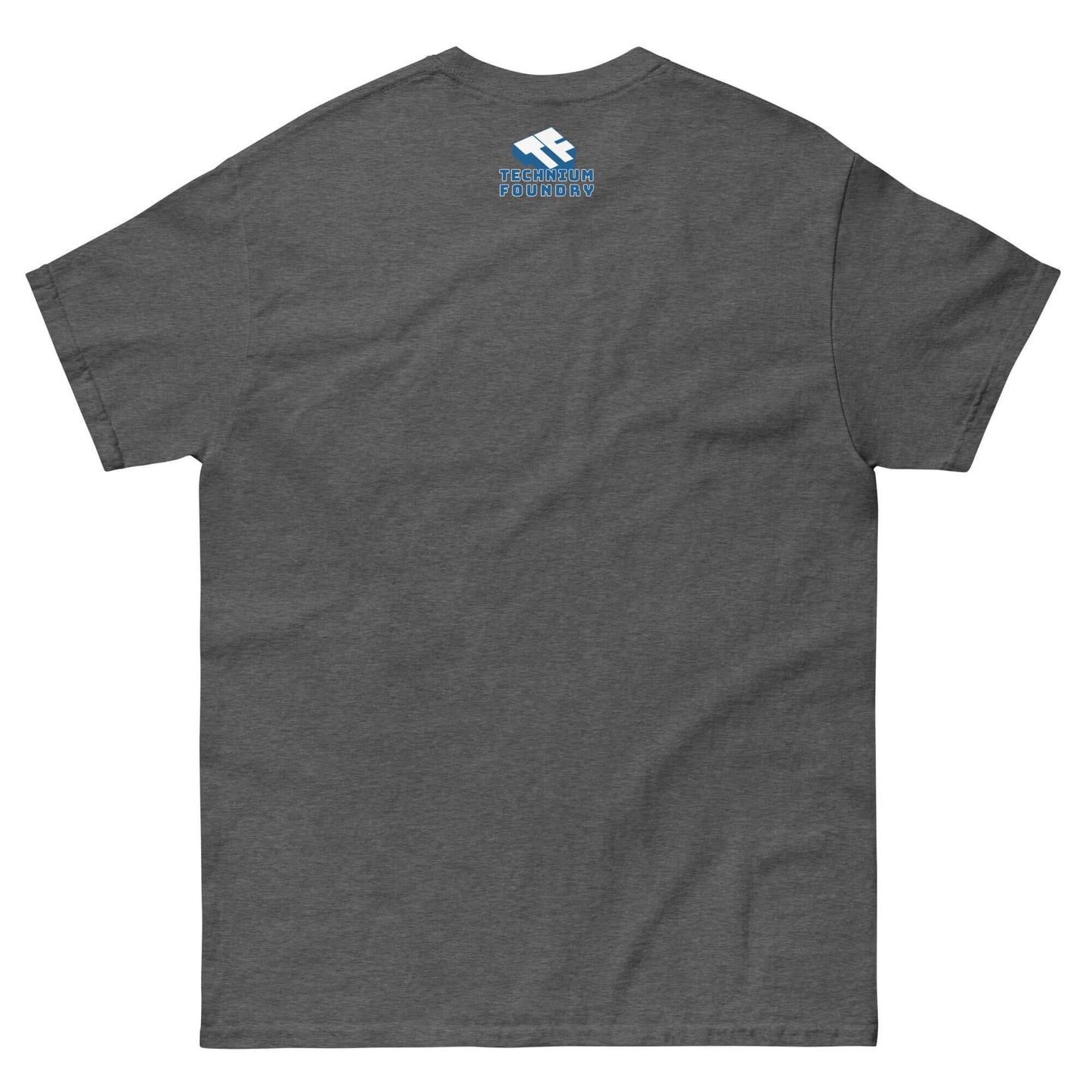 Back view of gray t-shirt with small blue logo on upper back, featuring soft cotton fabric, and casual fit.