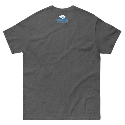 Back view of gray "I Like Big Bots" T-shirt featuring blue Mechanical Honesty Hour logo, made of black cotton.