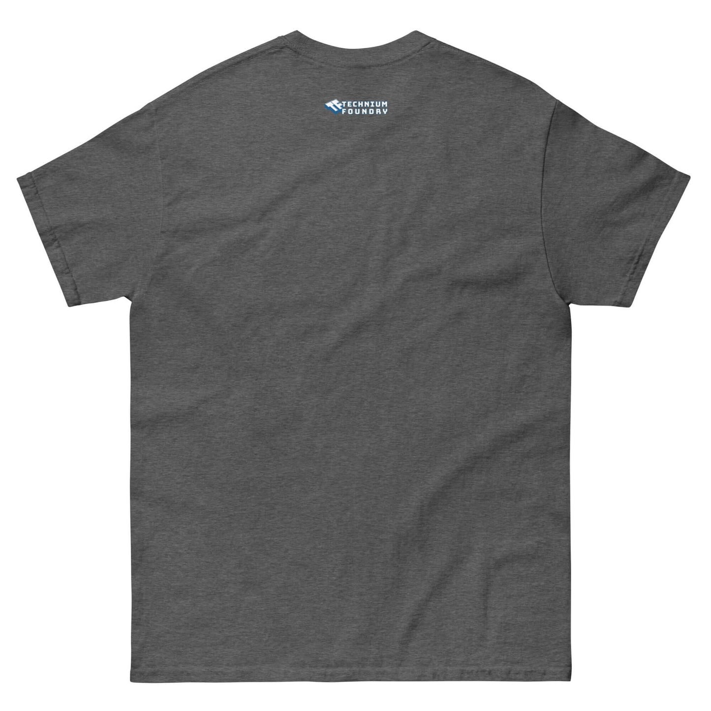 Back view of charcoal t-shirt with small blue text near neckline.