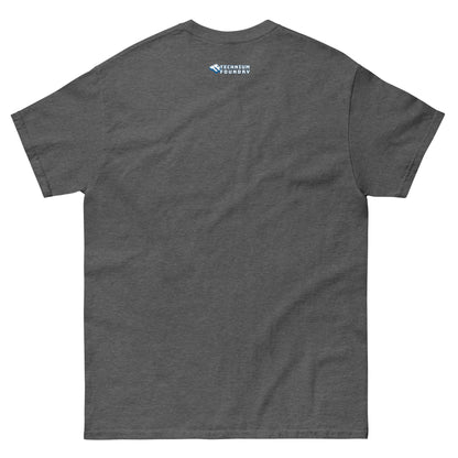 Back view of charcoal t-shirt with small blue text near neckline.