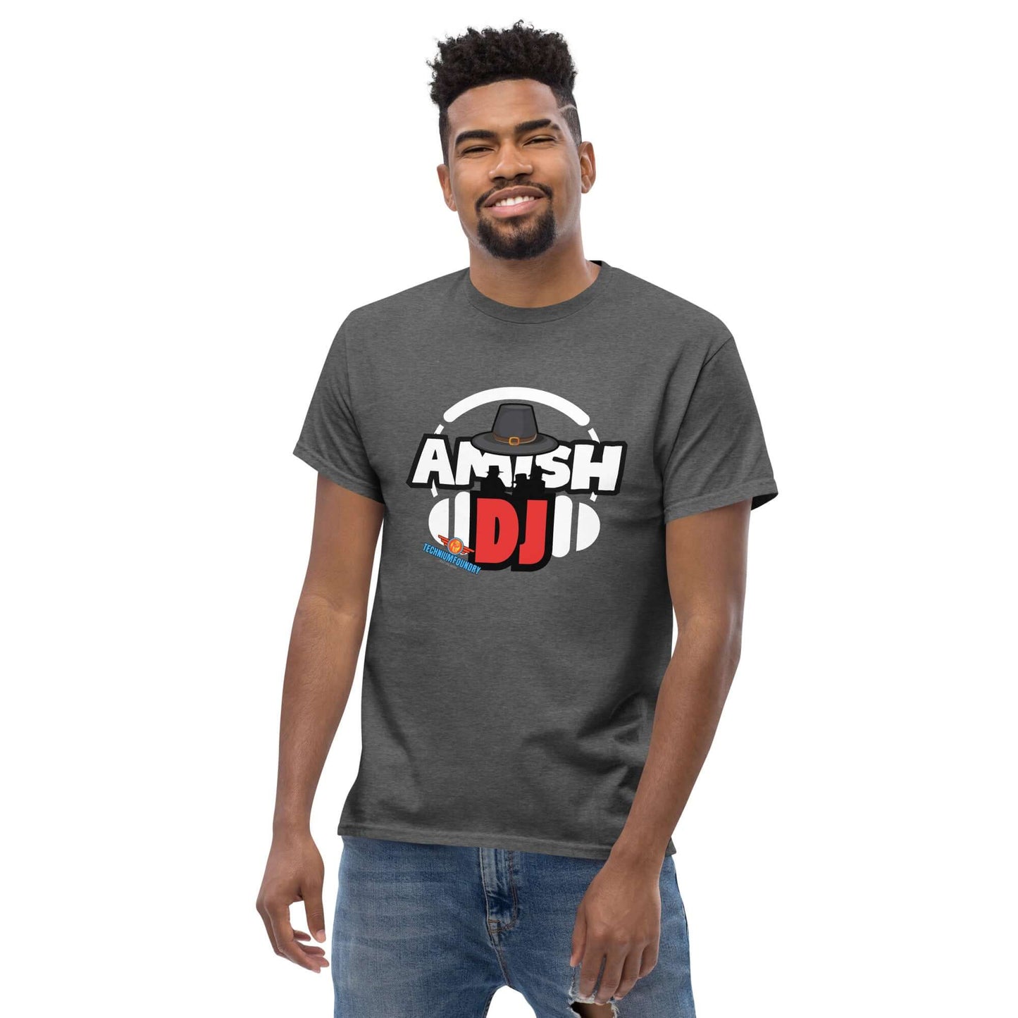 Man wearing "Amish DJ" tee from Science & Tech Apparel Collection by Technium Foundry, featuring a humorous music-inspired design.