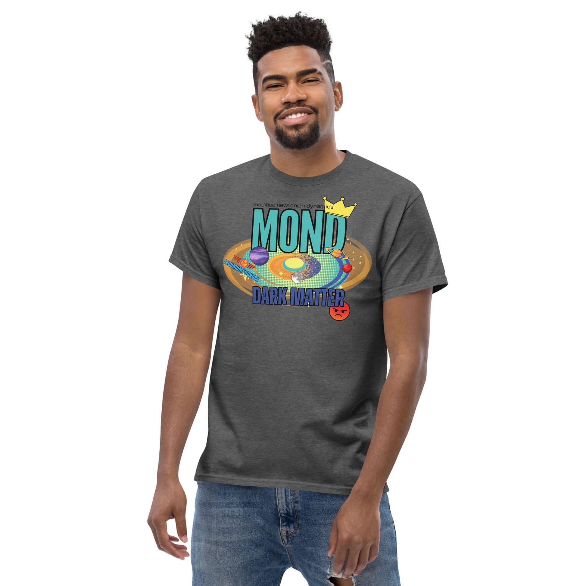 "MOND vs Dark Matter Tee from Science & Tech Apparel Collection by Technium Foundry, featuring a physics-themed design with crown graphic."