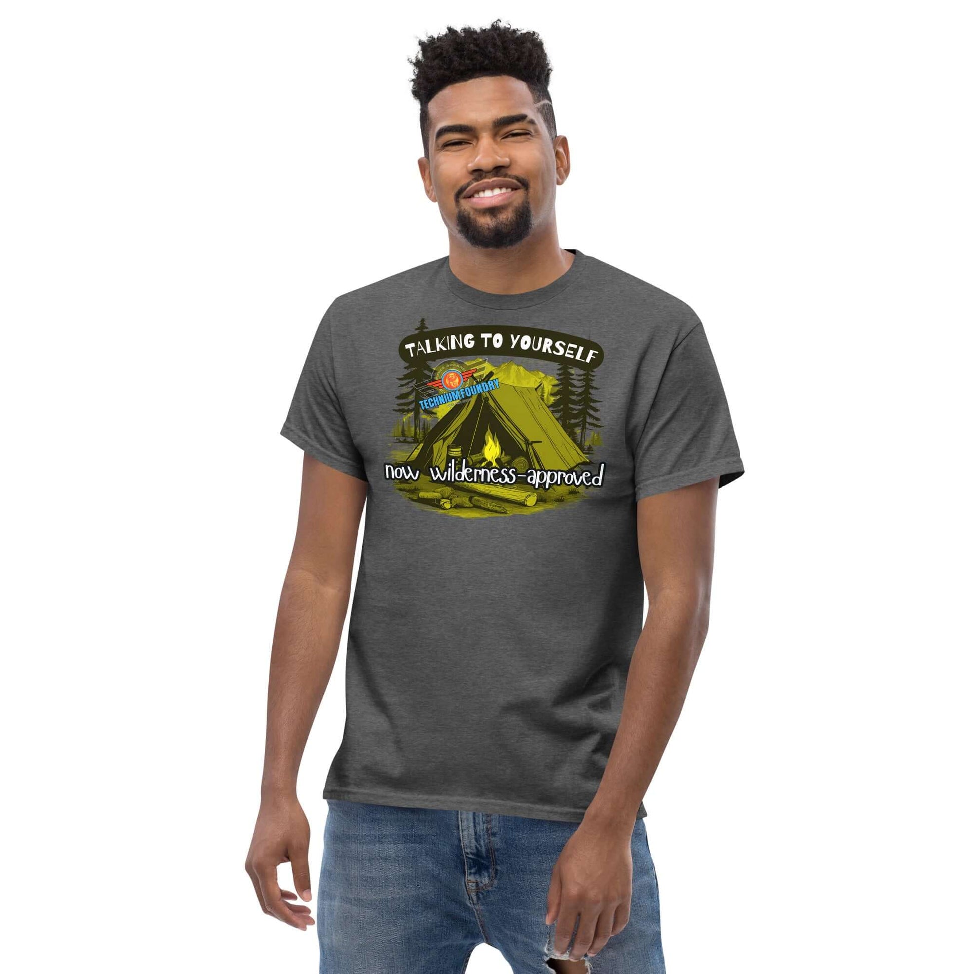 Man wearing "Talking to Yourself: Now Wilderness-Approved" camping scene tee, promoting creative outdoor problem-solving.