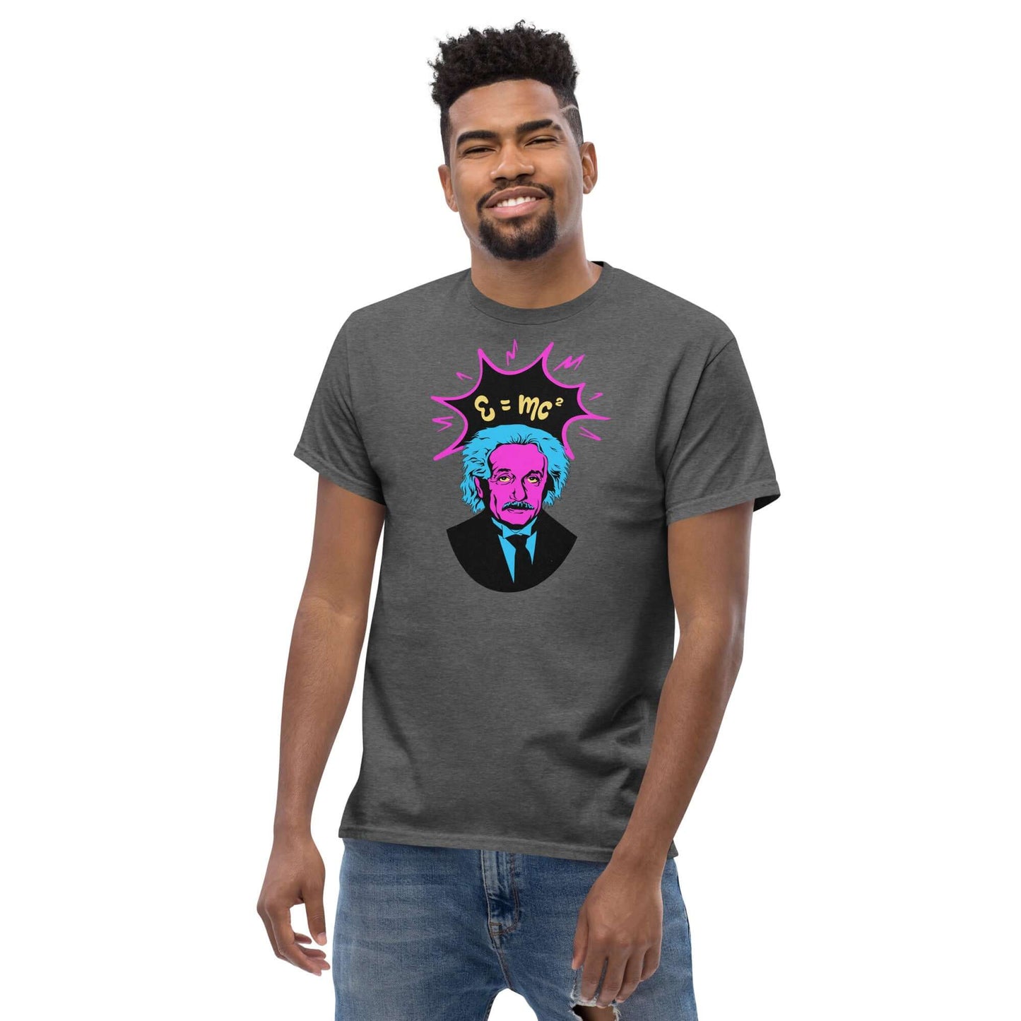 Man wearing grey T-shirt with neon pop art Albert Einstein design and E=mc² formula from Technium Foundry.