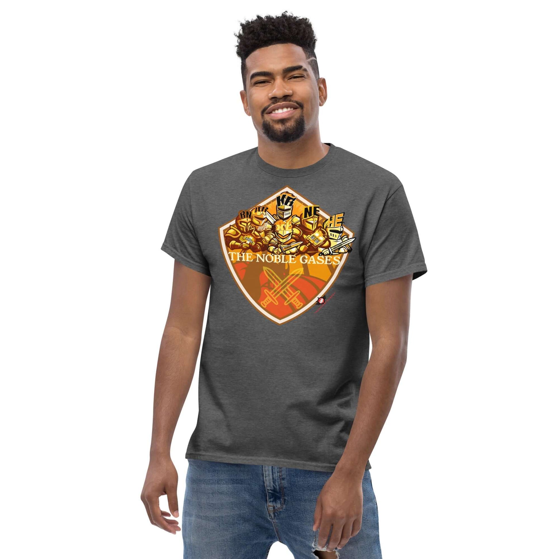 Man wearing The Noble Gases T-Shirt by Technium Foundry featuring a medieval coat of arms design with chemistry elements as knights.