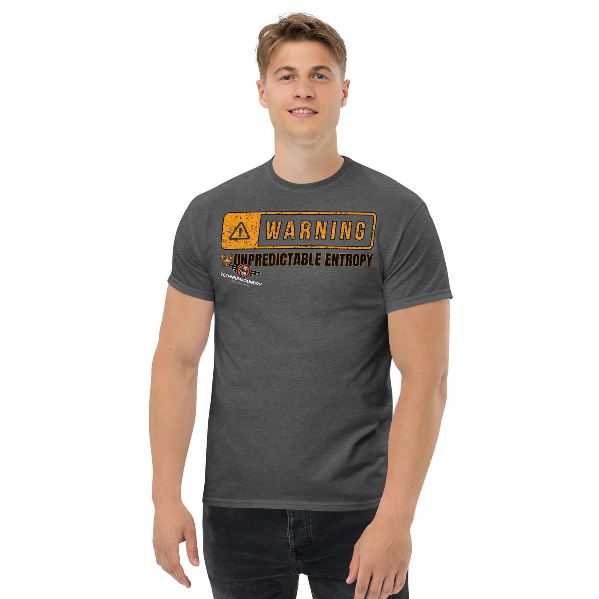 Warning: Unpredictable Entropy T-Shirt | Thermodynamics Hazard Sign Humor Color: Black T-Shirt Size: S Apparel & Accessories Technium Foundry