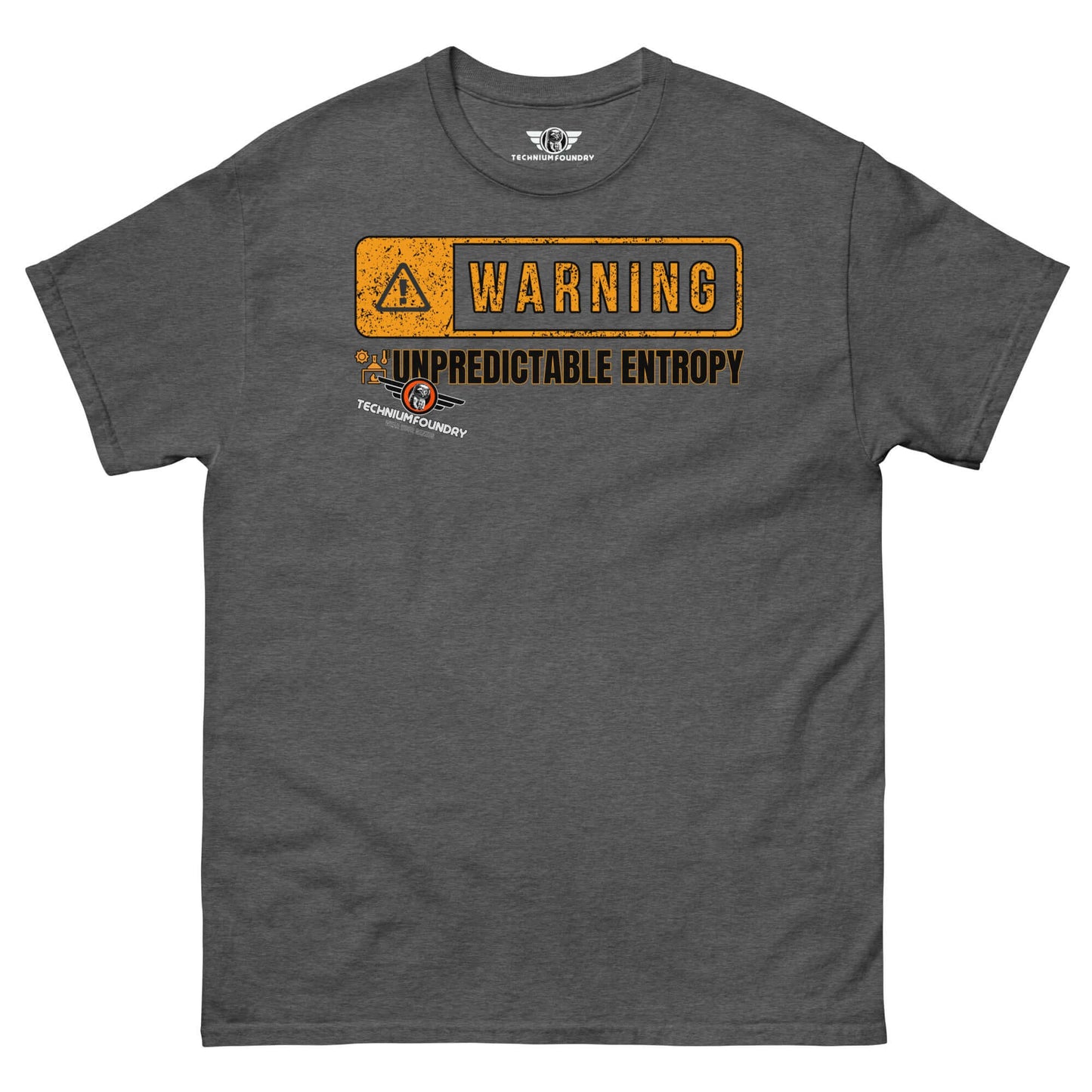 Warning: Unpredictable Entropy T-Shirt | Thermodynamics Hazard Sign Humor Color: Dark Heather T-Shirt Size: S Apparel & Accessories Technium Foundry