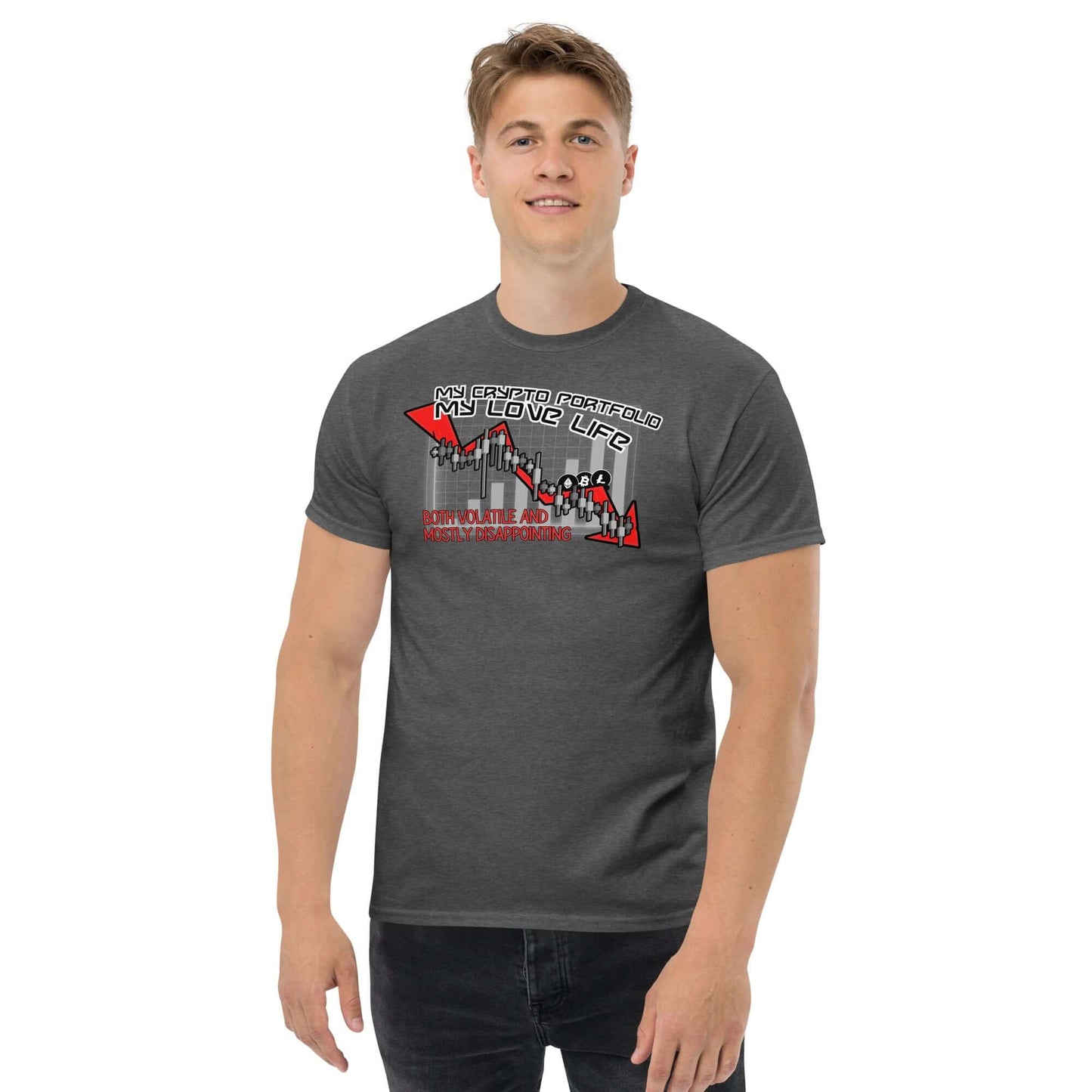 My Crypto Portfolio My Love Life T-Shirt | Market Volatility Dating Humor Color: Black T-Shirt Size: S Apparel & Accessories Technium Foundry