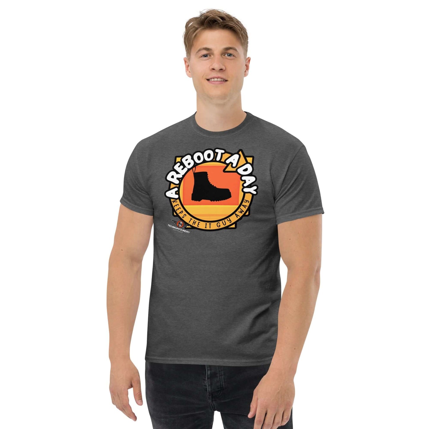 A Reboot A Day - IT Support Humor T-Shirt | Tech Help Desk Boot Design Color: Black T-Shirt Size: S Apparel & Accessories Technium Foundry