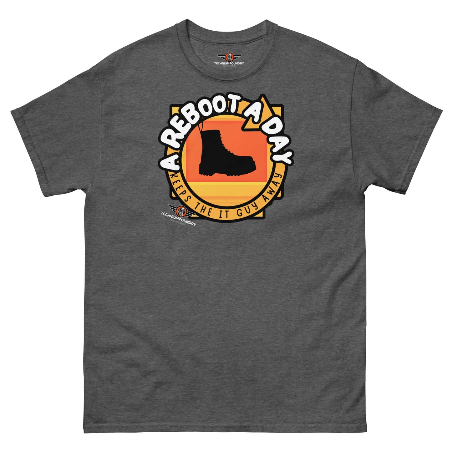 A Reboot A Day - IT Support Humor T-Shirt | Tech Help Desk Boot Design Color: Dark Heather T-Shirt Size: S Apparel & Accessories Technium Foundry