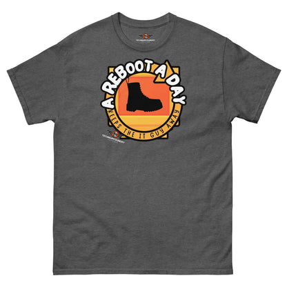 A Reboot A Day - IT Support Humor T-Shirt | Tech Help Desk Boot Design Color: Dark Heather T-Shirt Size: S Apparel & Accessories Technium Foundry