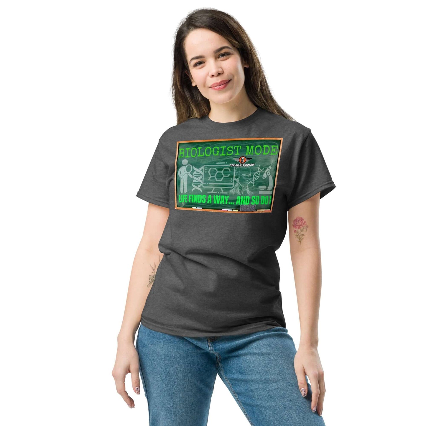 Woman wearing "Biologist Mode" T-shirt, featuring retro DNA design and science humor, showcasing a playful academic aesthetic.