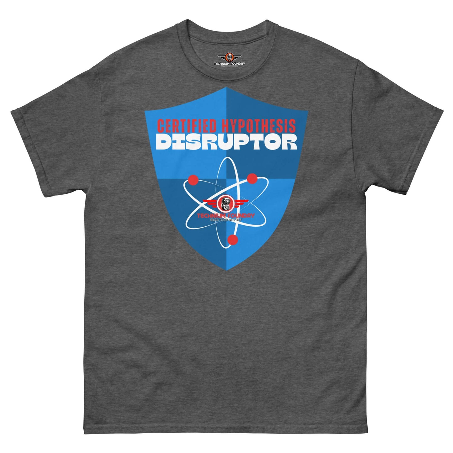 Certified Hypothesis Disruptor T-Shirt | Scientific Shield Design Color: Dark Heather T-Shirt Size: S Apparel & Accessories Technium Foundry