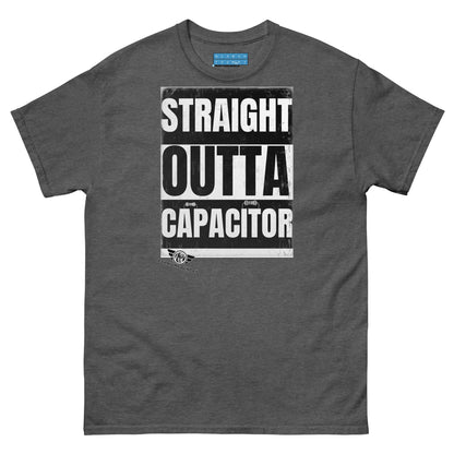 Straight Outta Capacitor T-Shirt | Electrical Circuit Humor Color: Dark Heather T-Shirt Size: S Apparel & Accessories Technium Foundry