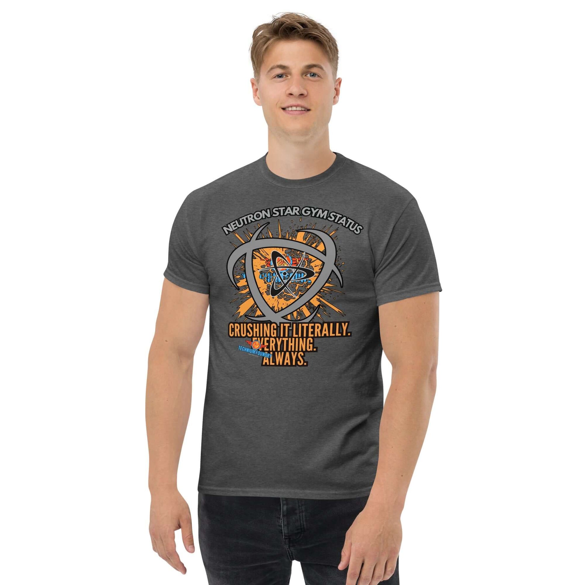 "Neutron Star Gymnast Tee from Science & Tech Apparel Collection at Technium Foundry, gray shirt with stellar design and quote."