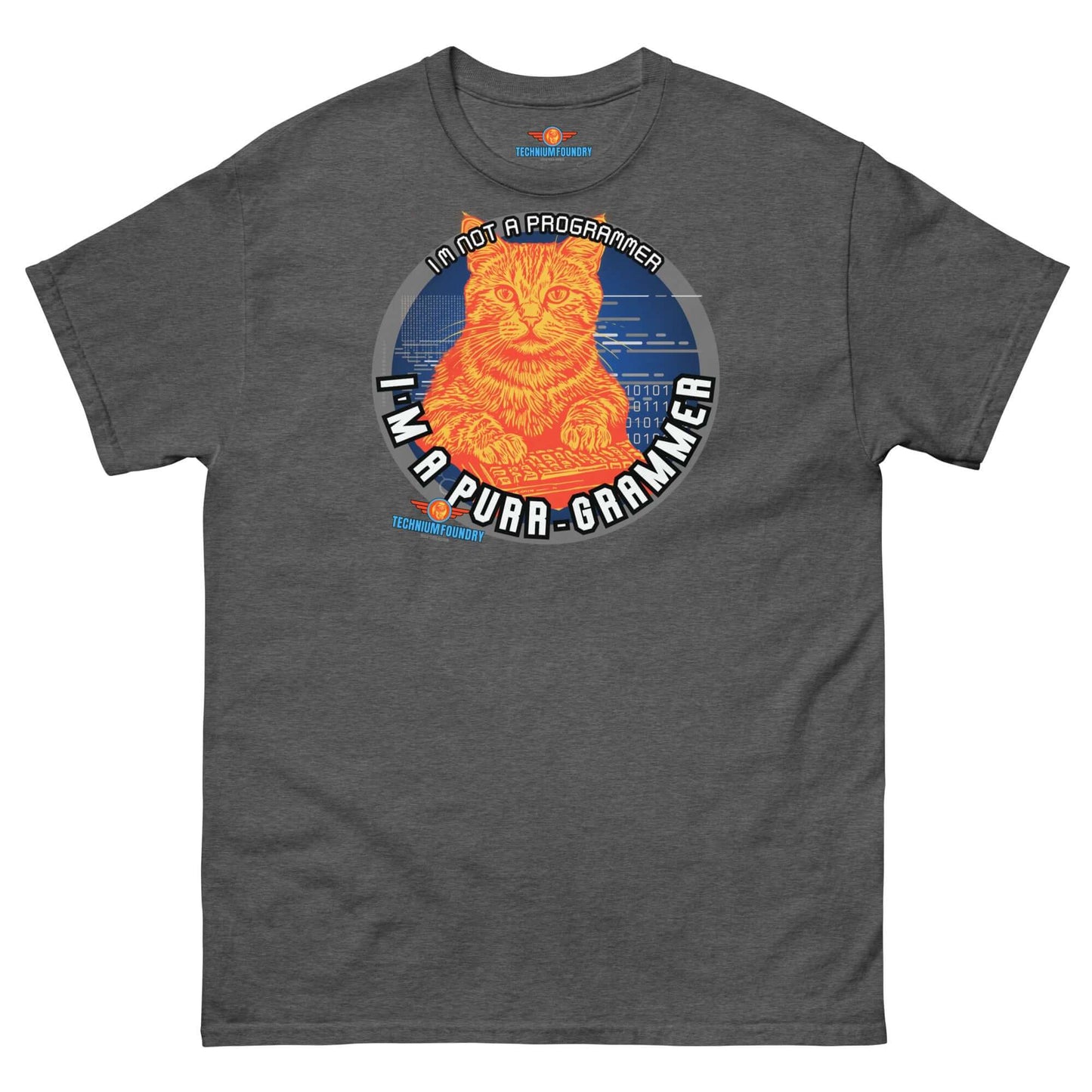 "The Purr-grammer's Manifesto Tee featuring tech-savvy cat from Technium Foundry's Science & Tech Apparel Collection."