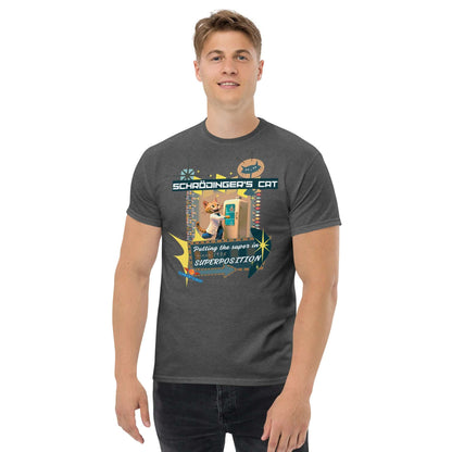 Man wearing Schrödinger's Cat tee from Technium Foundry, featuring quantum physics humor and Science & Tech Apparel Collection design.