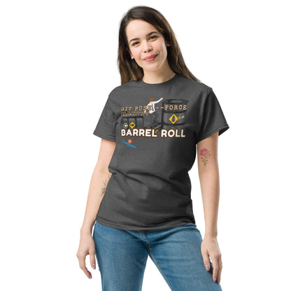 Woman wearing "Git Push --Force: The Barrel Roll Edition" tee, part of Science & Tech Apparel Collection by Technium Foundry.