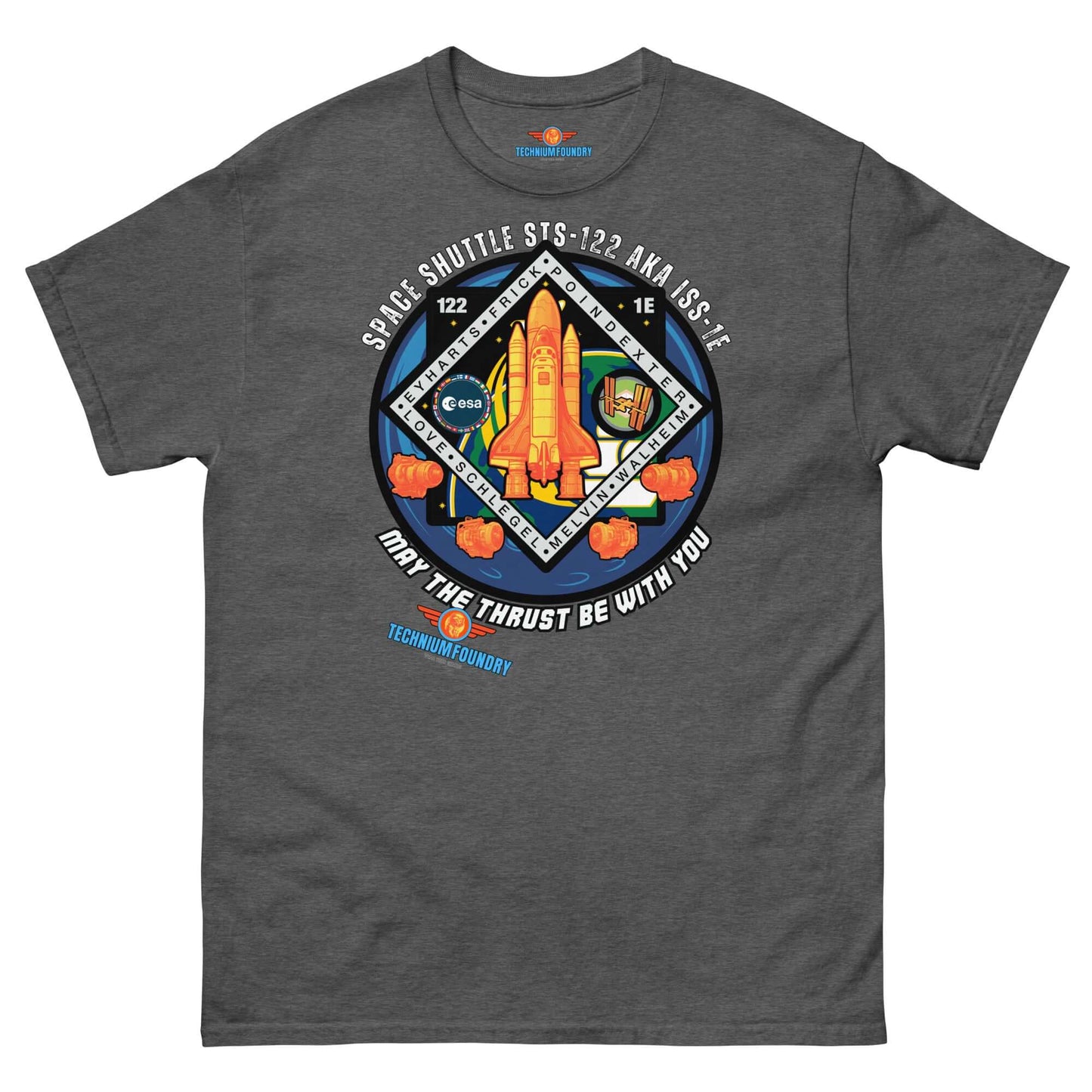 "Space Shuttle Tee 'May The Thrust Be With You' from Science & Tech Apparel by Technium Foundry, featuring STS-122 patch"