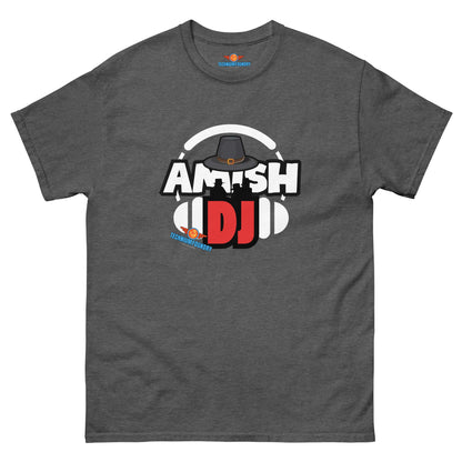 Gray "Amish DJ" Tee from Technium Foundry's Science & Tech Apparel Collection featuring headphones and Amish hat design.