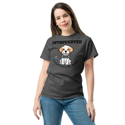 Woman wearing "Introverted (But Willing To Discuss Dogs)" tee from Technium Foundry's Science & Tech Apparel Collection, featuring a cute puppy design.