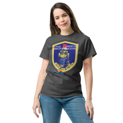 Woman wearing "A Jedi Uses WD-40" tee from Science & Tech Apparel Collection by Technium Foundry.