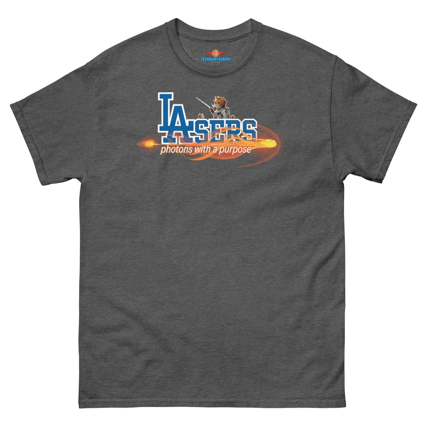 "LAsers Tee featuring a baseball and laser design, part of the Science & Tech Apparel Collection by Technium Foundry"