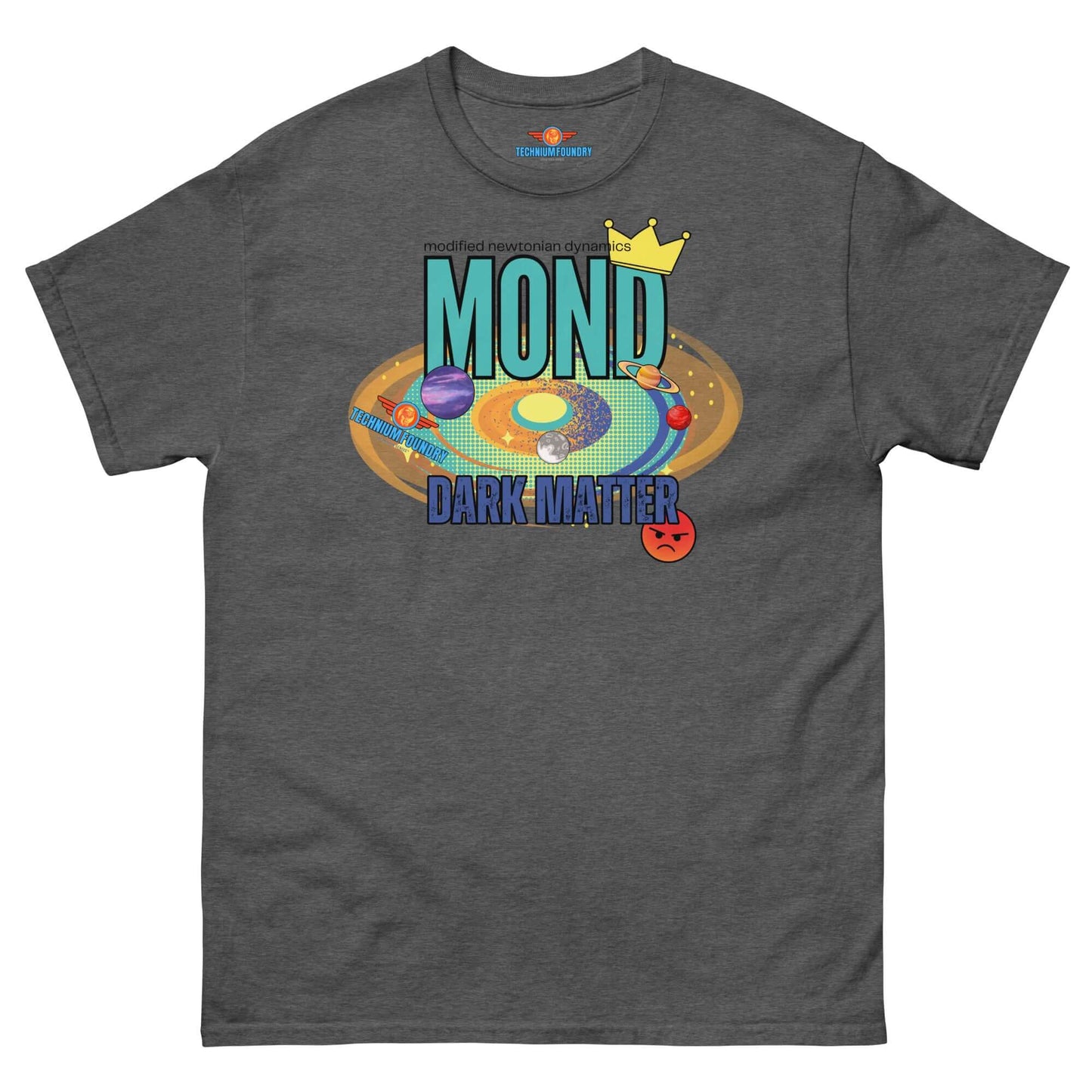 "MOND vs Dark Matter tee with crown graphic, part of Science & Tech Apparel by Technium Foundry"