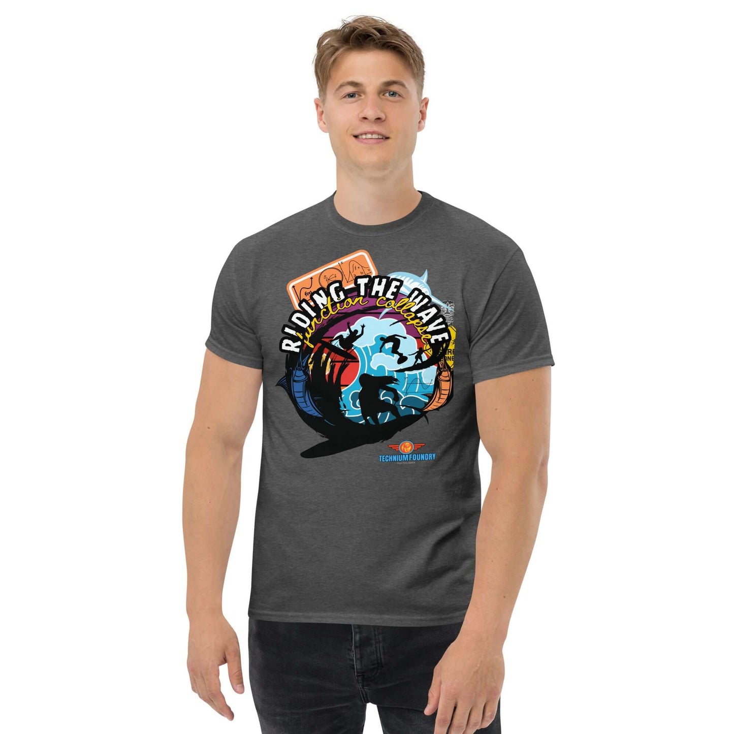 "Riding The Wave" Tee featuring quantum mechanics surfing design from Technium Foundry's Science & Tech Apparel Collection