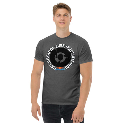 Man wearing "Recursion: See 'Recursion'" tee, tech-inspired design from Science & Tech Apparel Collection by Technium Foundry.