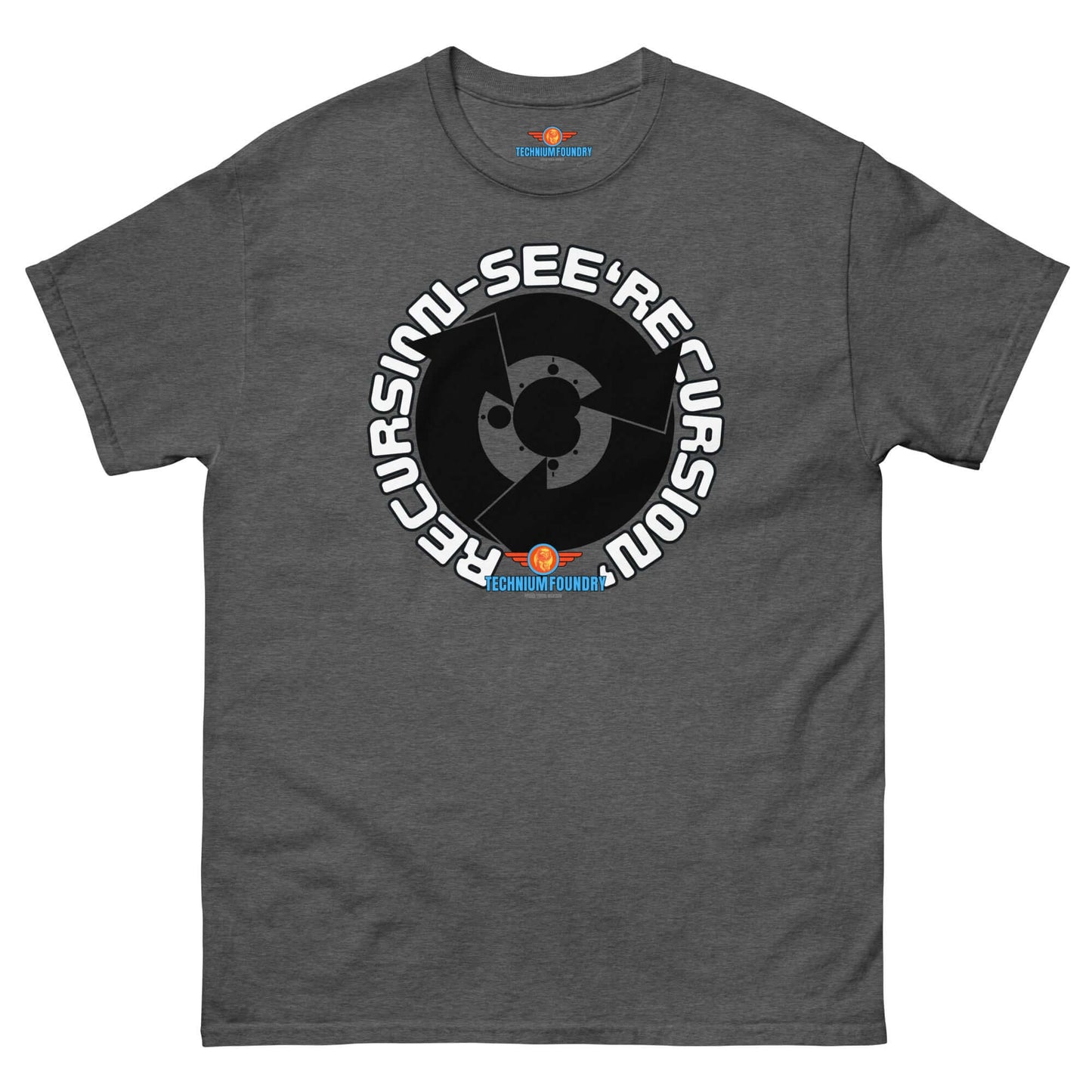 Recursion 'See Recursion' tee, dark gray with circular design, part of Science & Tech Apparel Collection by Technium Foundry.