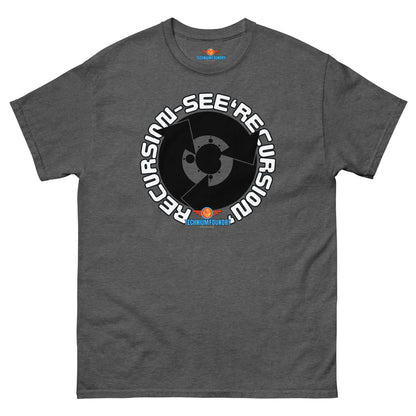 Recursion 'See Recursion' tee, dark gray with circular design, part of Science & Tech Apparel Collection by Technium Foundry.