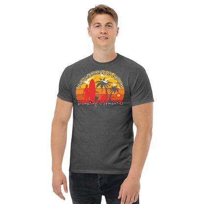 Programming is Semantics Tee with retro sunset design from Science & Tech Apparel Collection by Technium Foundry.