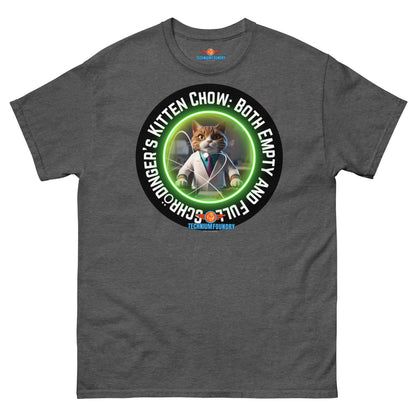 Quantum Fashion "Schrödinger's Kitten Chow" Tee from Technium Foundry featuring a dapper cat in a paradoxical design.