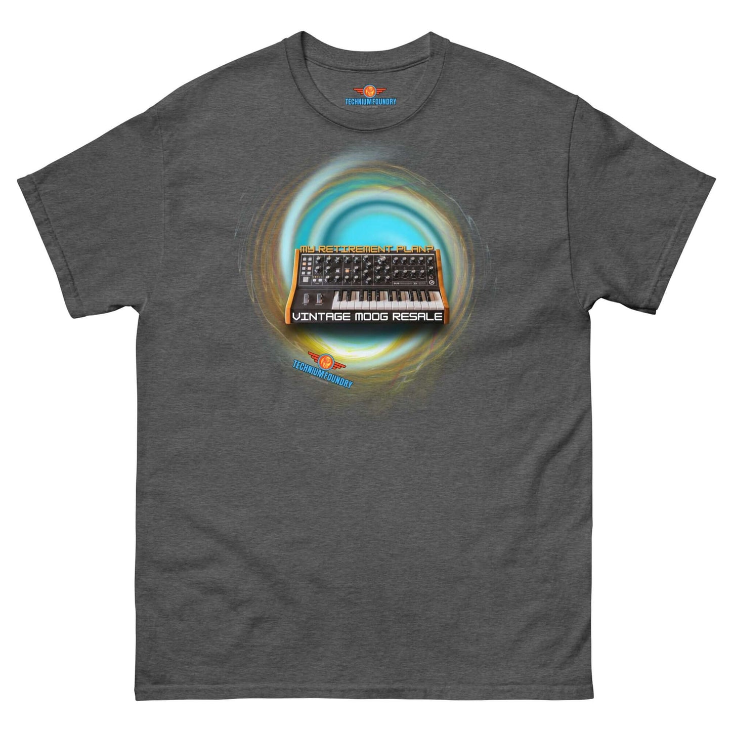 Gray tee featuring Moog synthesizer in swirling vortex design, capturing the essence of vintage analog dreams in vibrant colors.