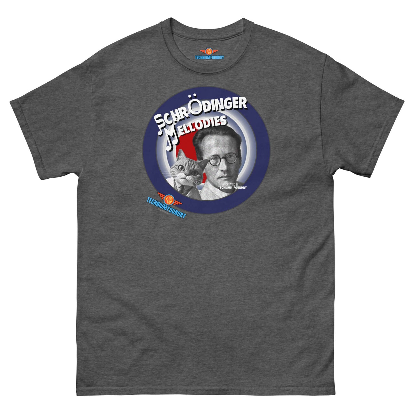 Schrödinger's Melodies Tee featuring Erwin Schrödinger with a cat, blending quantum mechanics and music on a gray shirt.