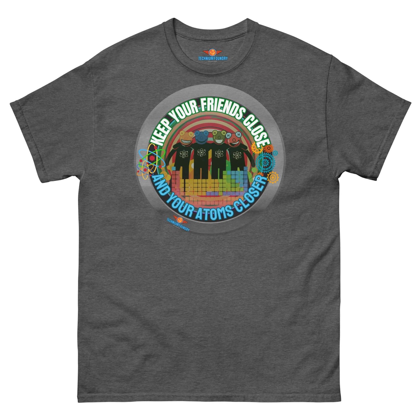 Dark grey tee with "Keep Your Friends Close and Your Atoms Closer" design featuring atoms in boy-band style against a cityscape backdrop.