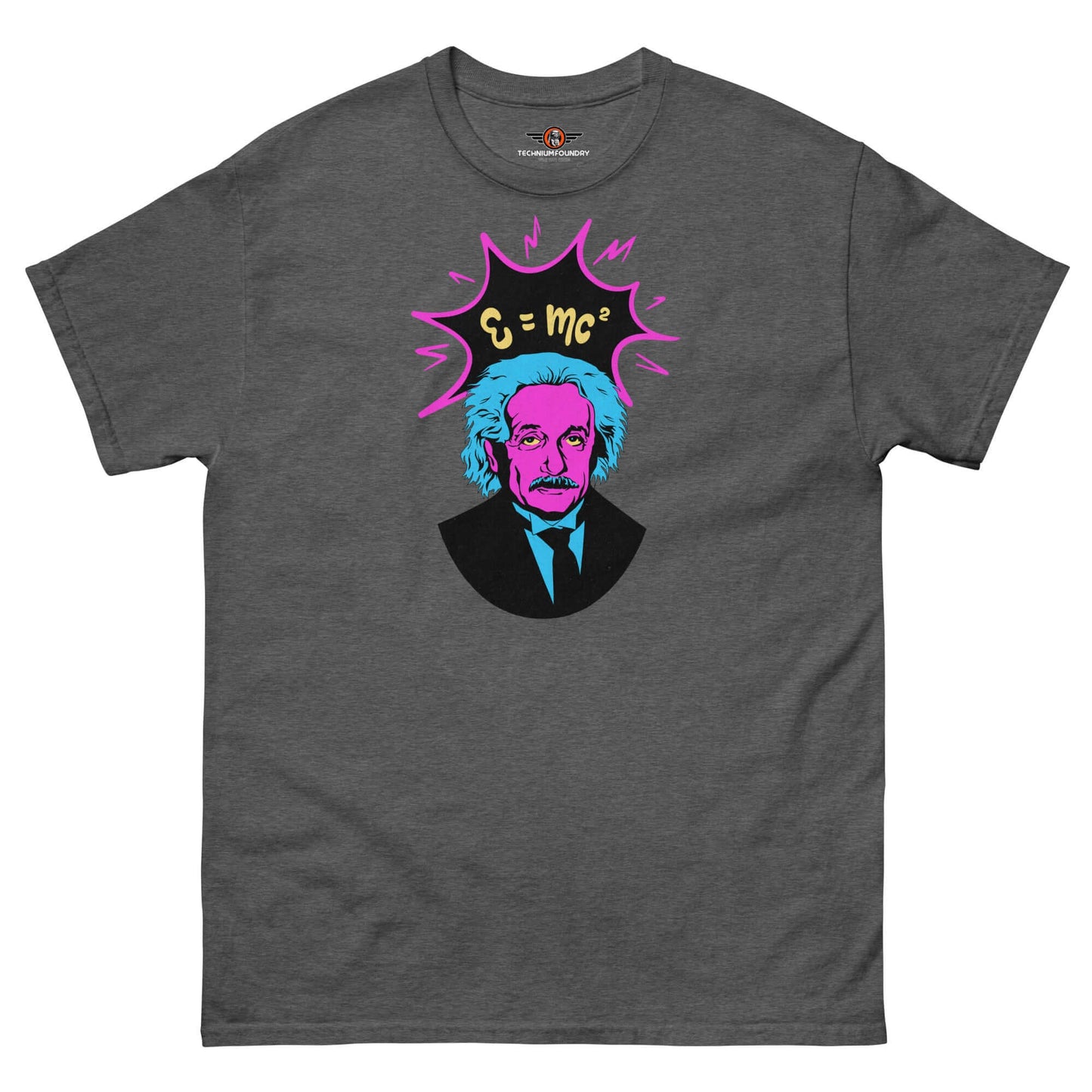 Pop art t-shirt featuring neon Einstein with E=mc² design, by Technium Foundry.