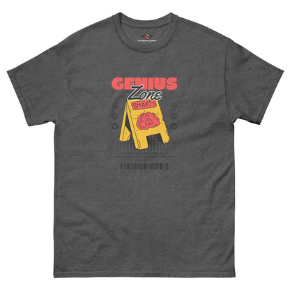 Genius Zone Caution T-Shirt with retro-tech design and brain warning label on premium cotton by Technium Foundry.