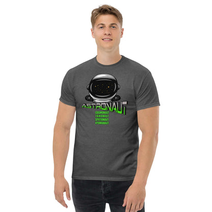 Man wearing Space Explorer Synonyms T-Shirt with astronaut helmet graphic by Technium Foundry, promoting space exploration names.