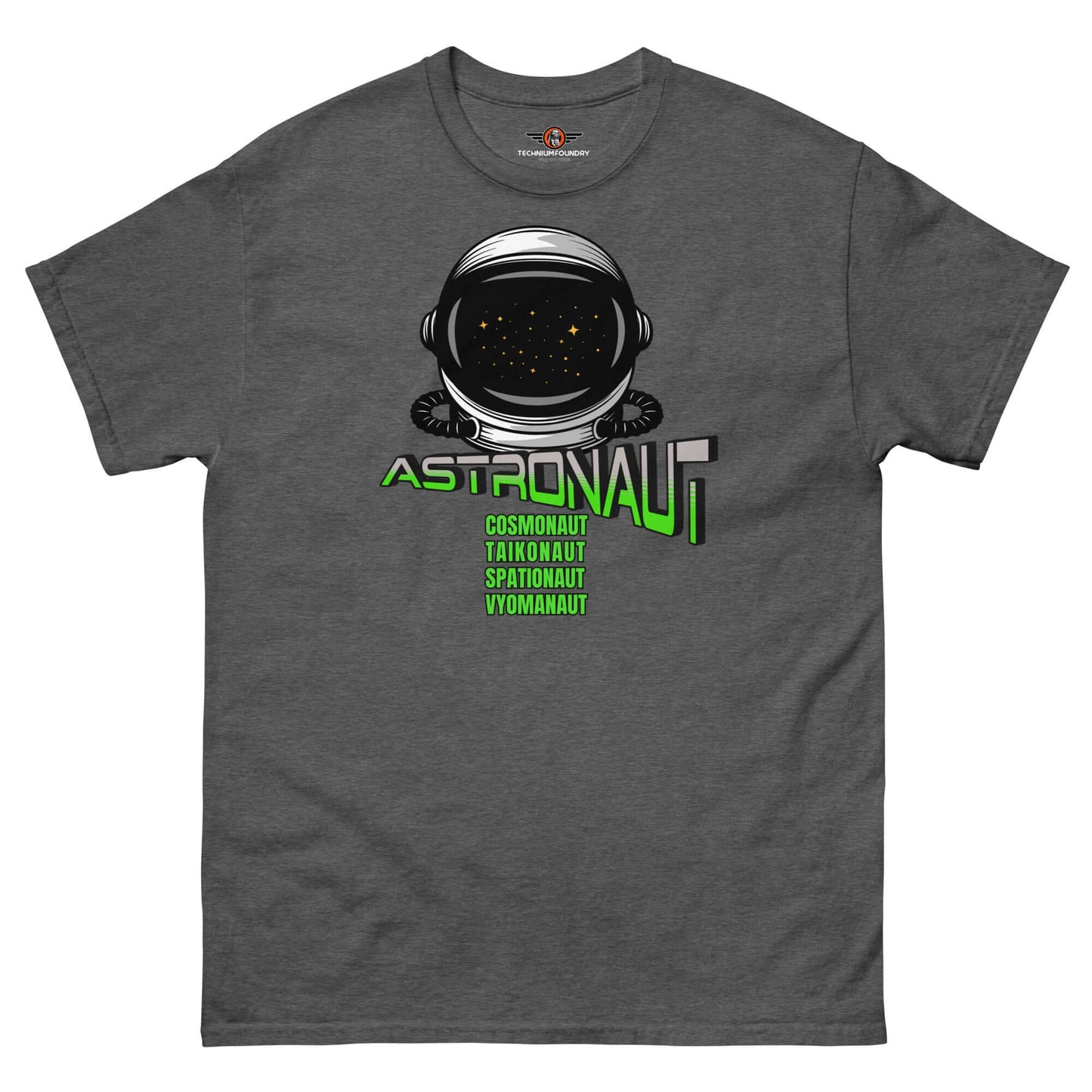 Space Explorer Synonyms T-Shirt with astronaut helmet design in dark gray, featuring words like astronaunt, cosmonaut, taikonaut.