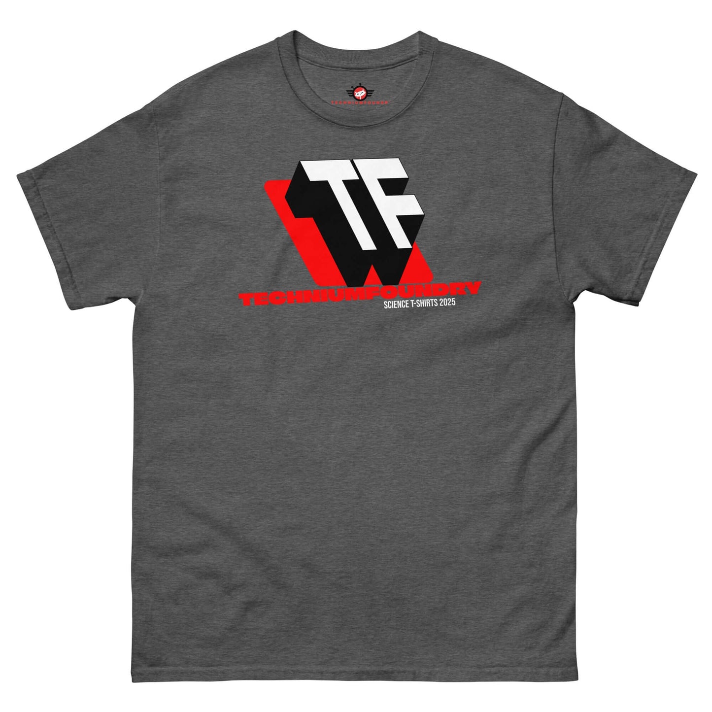 Gray t-shirt featuring bold Technium Foundry TF logo with red accents, blending geometric design and negative space, 2025 edition.